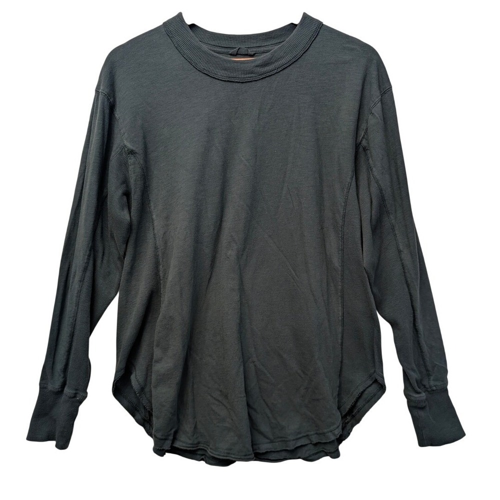 Aerie Forest Green Mixed Media Thermal Panel‎ Long Sleeve Raw Hem Top XS